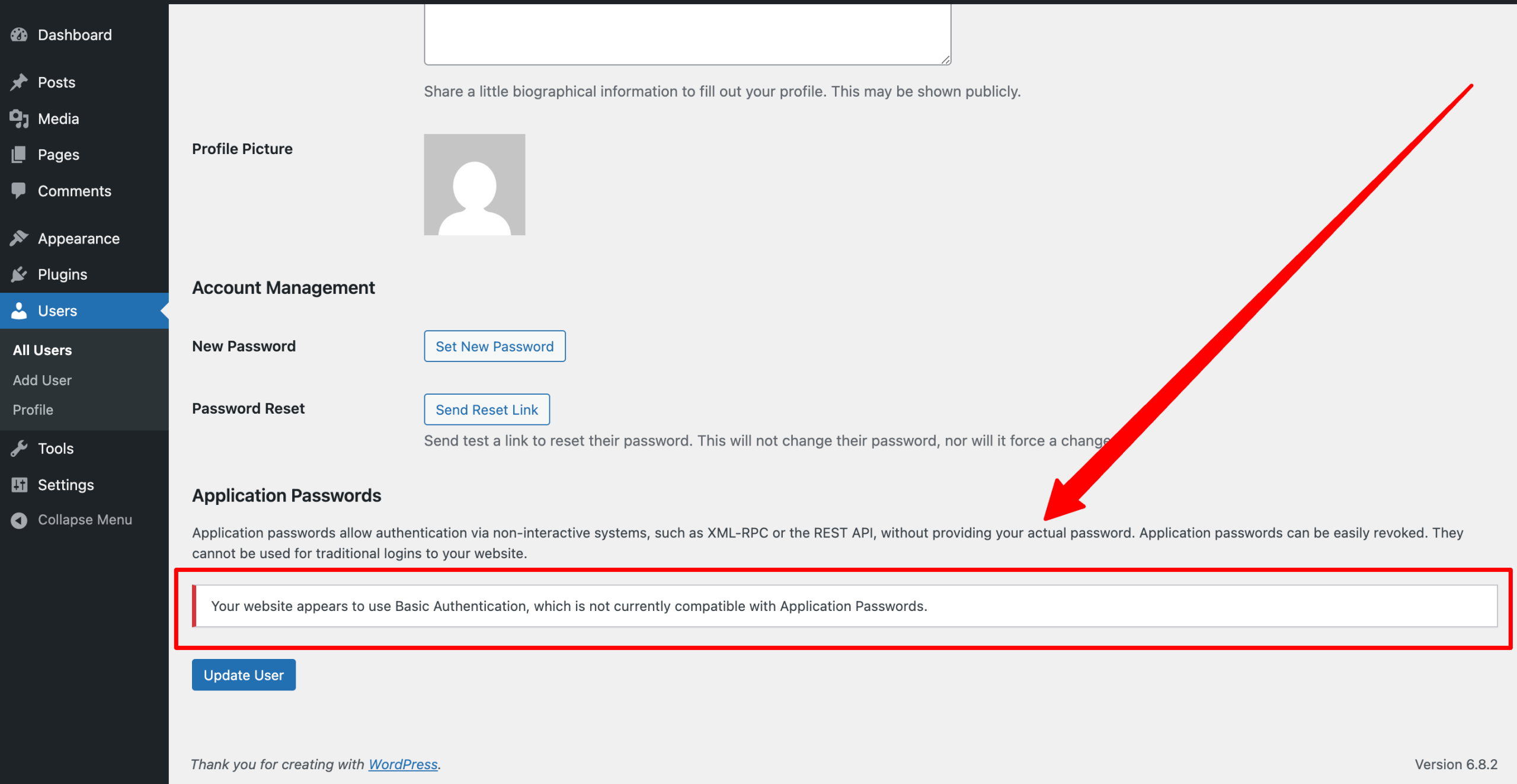 "Your Website Appears to Use Basic Authentication" Error in WordPress