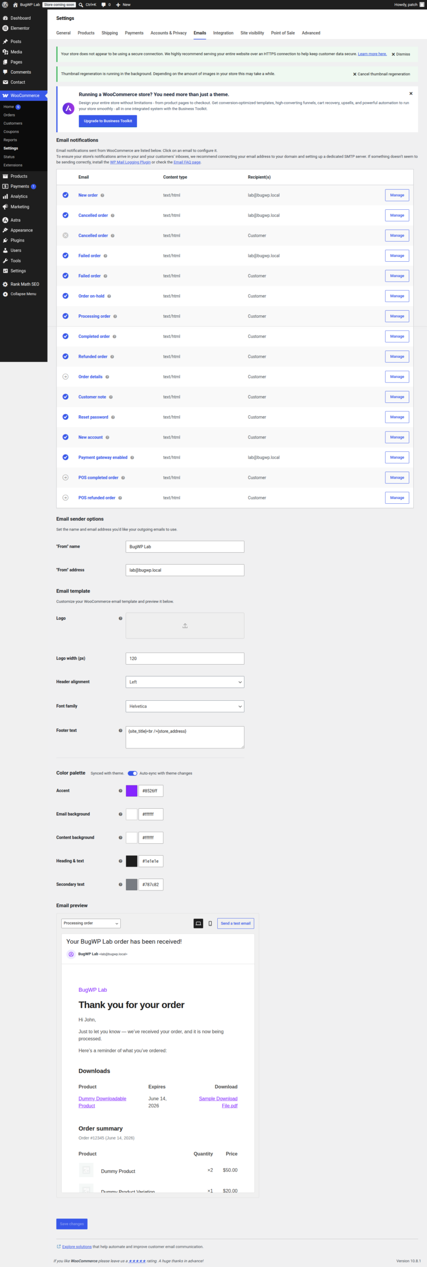 WooCommerce email notification settings screen